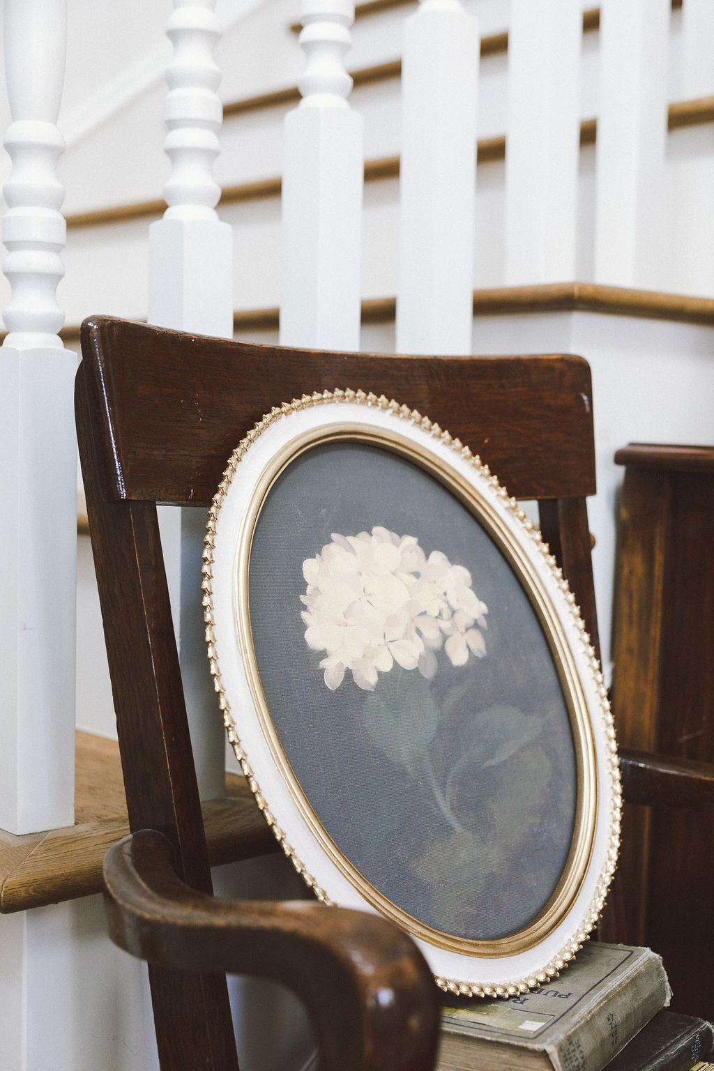 White Hydrangea in Cream Oval Frame