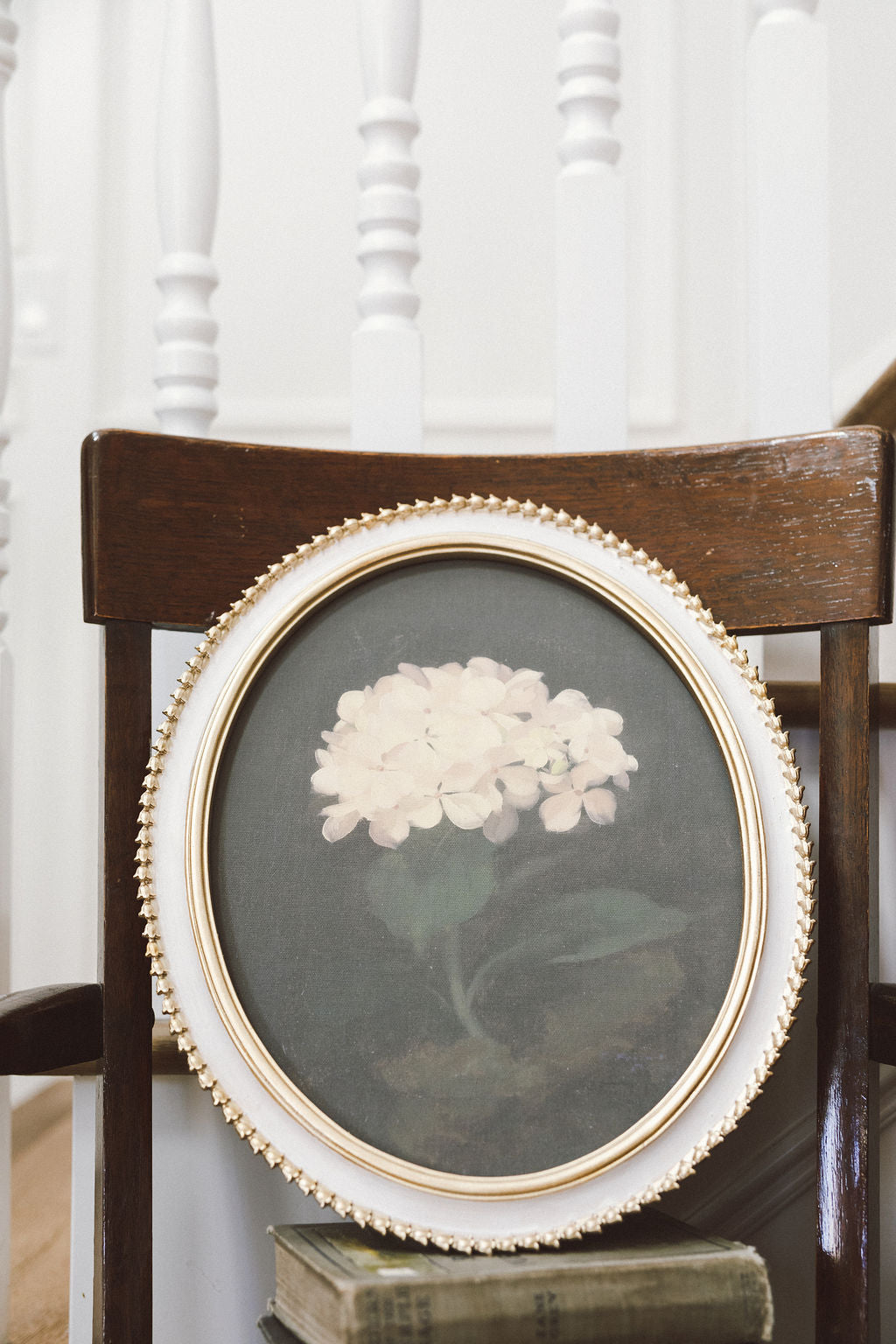 White Hydrangea in Cream Oval Frame
