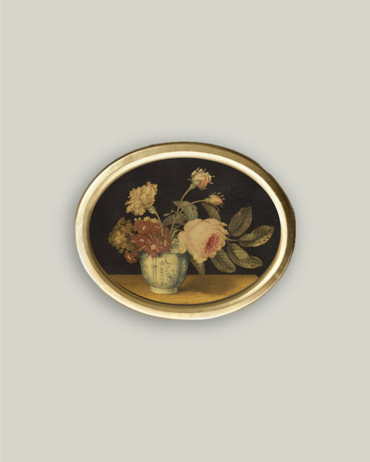 Flowers in a Delft Jar in Oval Frame