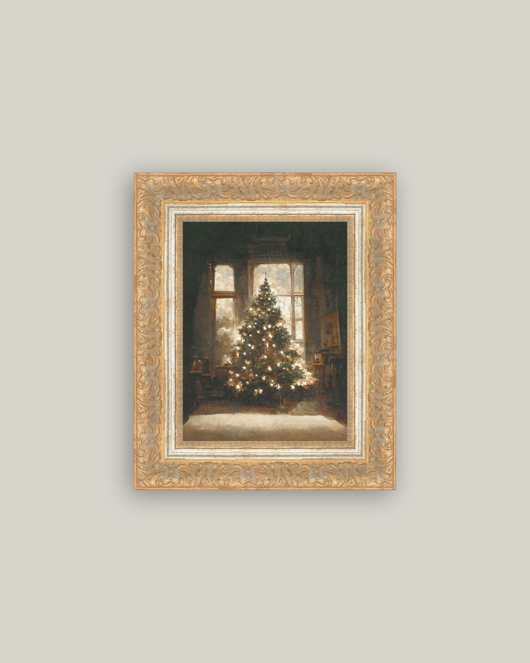 Vintage Christmas tree art print glowing softly in gold tones