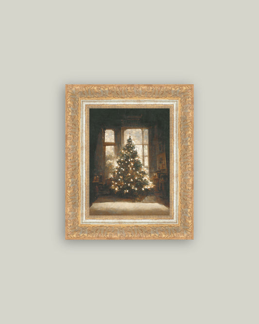 Vintage Christmas tree art print glowing softly in gold tones