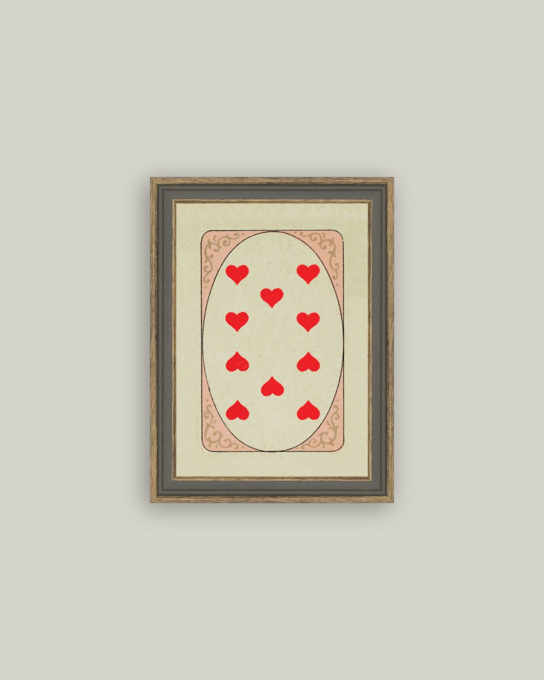 Nine of Hearts canvas wall art with red heart card design framed in a traditional-style frame