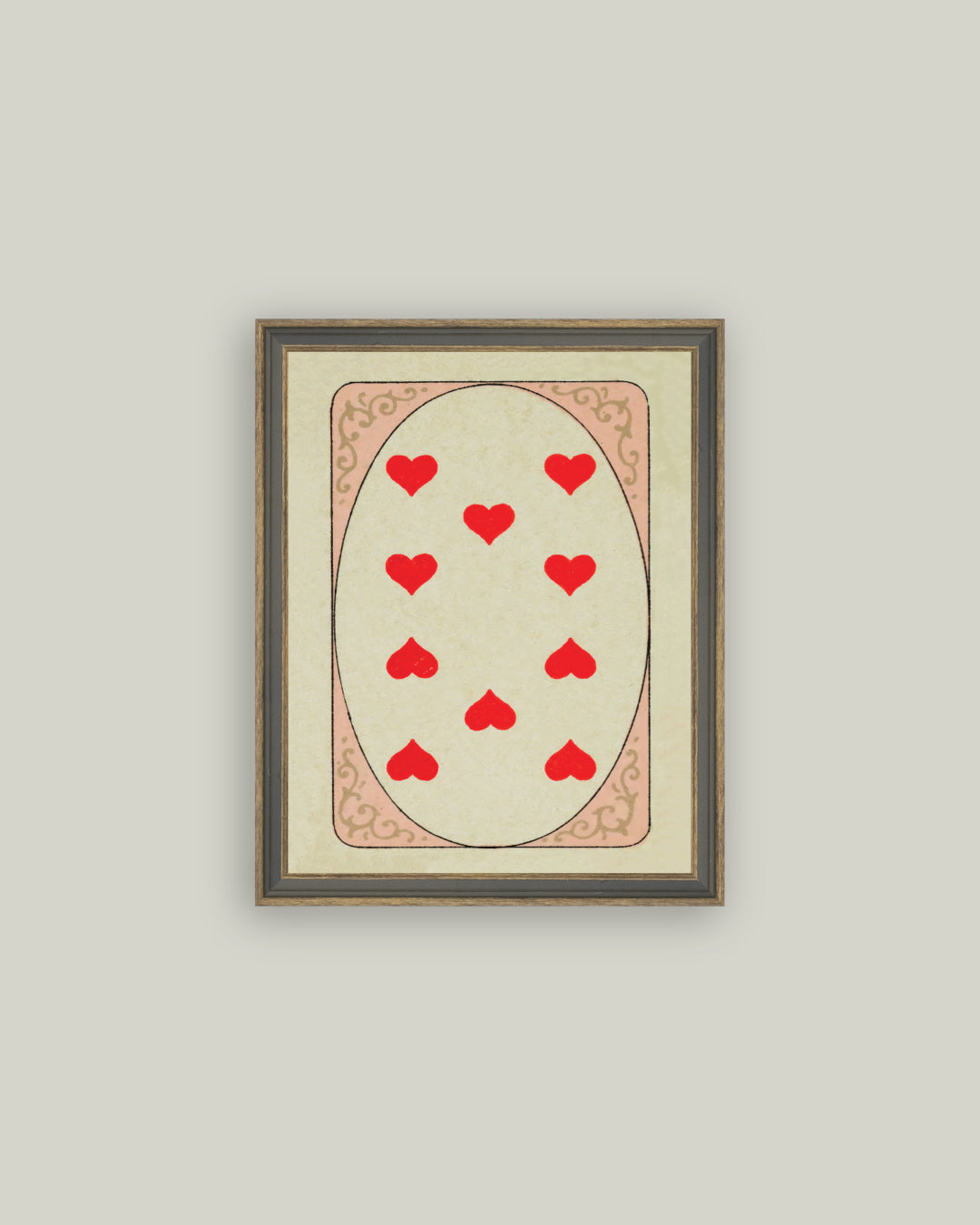 Framed card with red hearts on a beige background