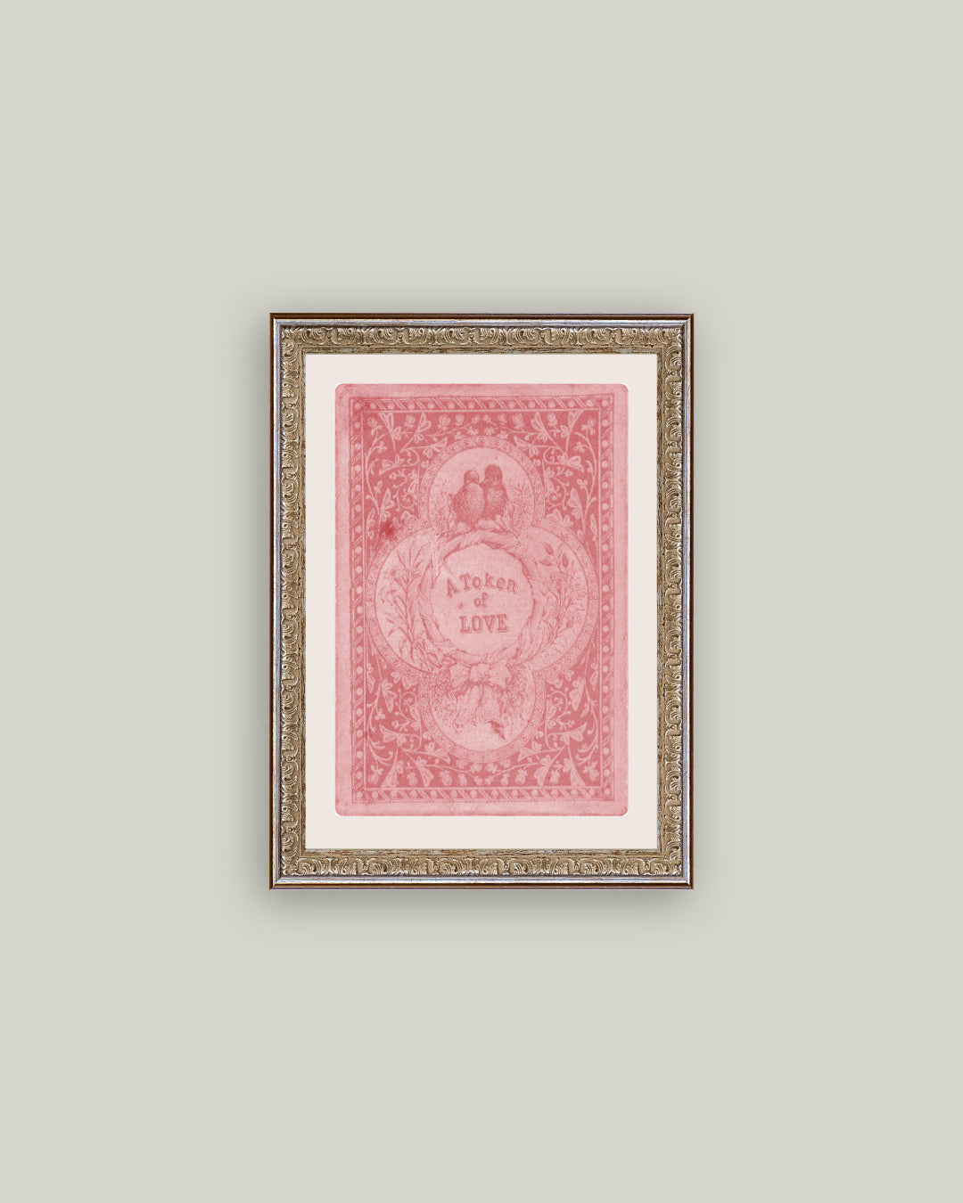 Token of Love canvas wall art with pink vintage-style design framed in an antique-style gold frame