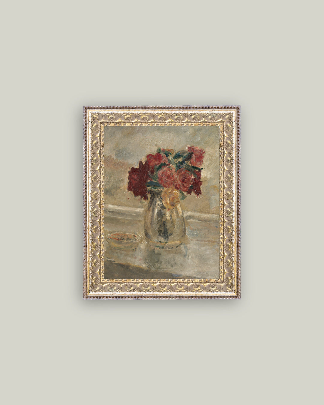 A floral artwork featuring a vase with roses and green leaves, bordered by a gold-colored frame. Size 5x7
