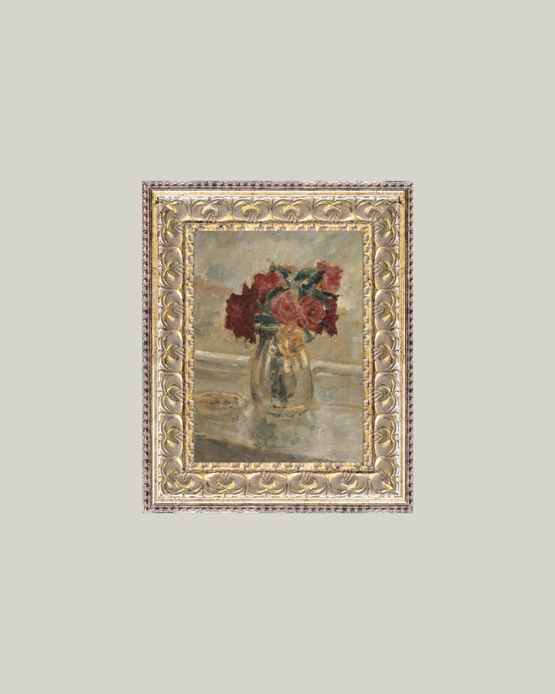 A framed painting of a rose vase, with a decorative gold frame, intended as Valentine's Day decor. size 8 x 10