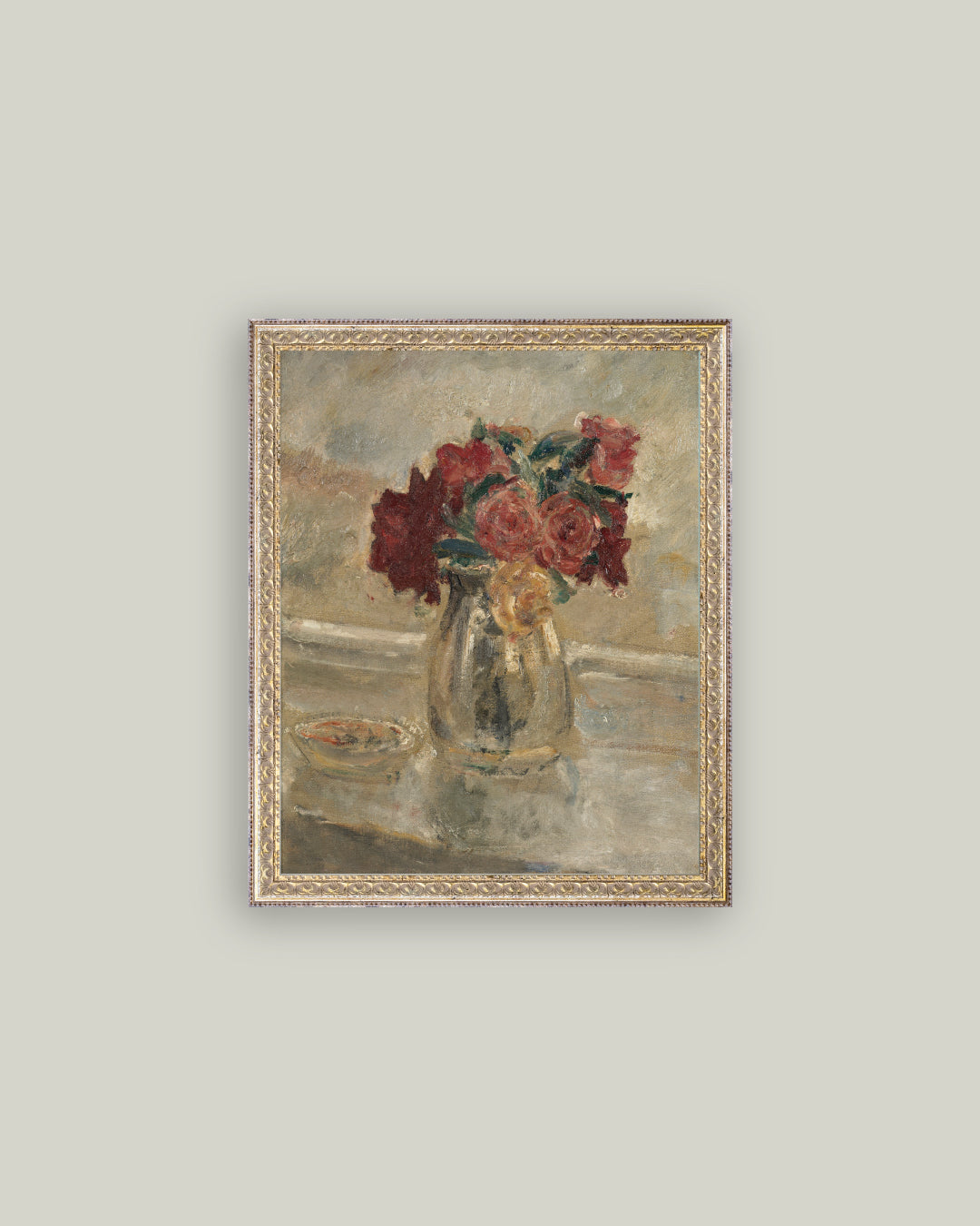 Valentine rose vase canvas art with red and pink roses framed in an antique-style gold frame size 18x22