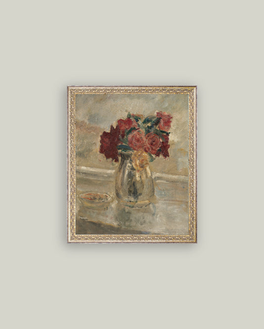 Valentine rose vase canvas art with red and pink roses framed in an antique-style gold frame size 18x22