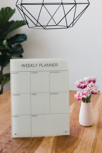 Petal Lane Home Glass Magnetic Dry Erase Board Weekly Planner Wall Hanging with Black Marker Pen and Gold Magnets 