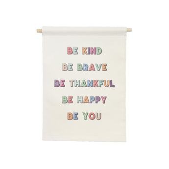 Petal Lane Home Be Kind Be Brave Colorful Hanging Canvas Banner with Wooden Dowel and String